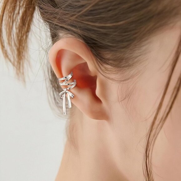 Elegant Non-Pierced Bow Cuff Earrings - Adjustable Sparkling Silver/Gold Finish - Picture 6 of 6